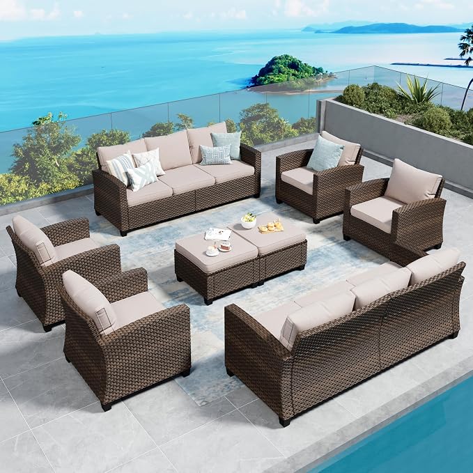 SUNSHINE VALLEY Patio Furniture Set Outdoor Furniture Brown Wicker Rattan Patio Conversation Sets with Cushion Outside Sofa Set,8 Pieces 12 Seats,Beige