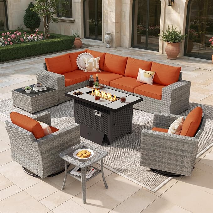 10 Pieces Outdoor Patio Sectional, Wicker Patio Furniture Set with 42 inch Fire Pit Table, All-Weather L Shaped Patio Conversation Set with Swivel Chairs, for Backyard Porch Yard,Orange