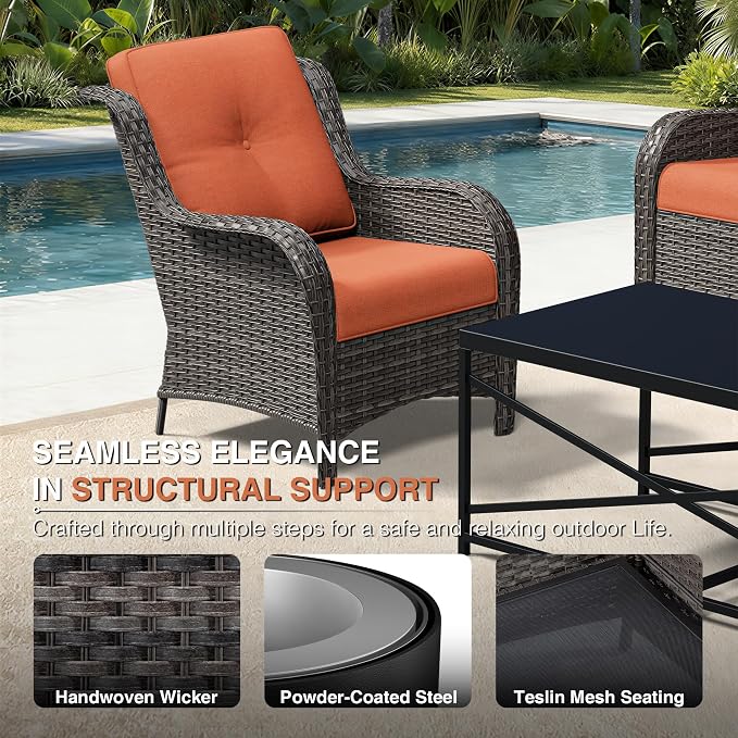 Joyside 4 Piece Wicker Patio Furniture Set, Rattan Patio Chairs with High Back, Deep Seating, Wide Armrest, Thickened Cushions, Outdoor Furniture for Deck, Porch Use