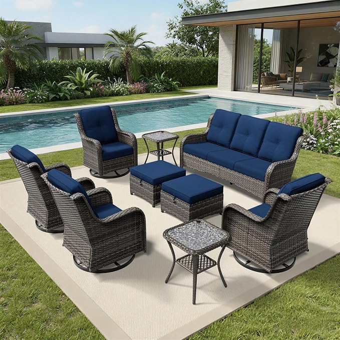 Joyside 9 Piece Wicker Patio Furniture Set, Outdoor Swivel Rocker Patio Chairs with High Back, Deep Seating, Wide Armrest, Thickened Cushions, Outdoor Furniture for Deck, Porch Use