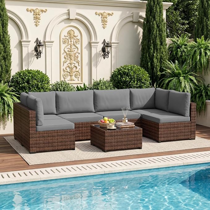 LHBcraft 7 Pieces Outdoor Wicker Rattan Patio Furniture with Rain Cover, Wicker Rattan Outdoor Sectional Sofa Set with Coffee Table & Gery Cushions for Garden, Poolside