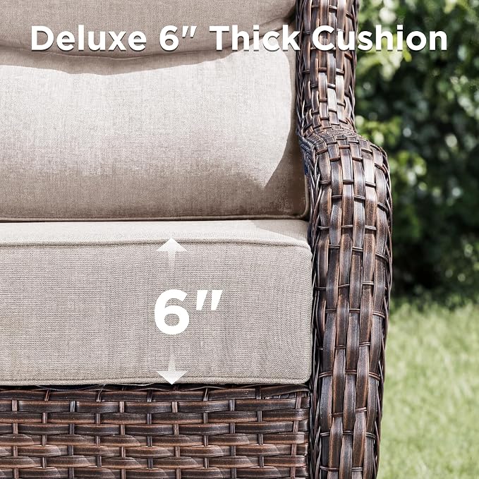 Luxury 4 Pieces Patio Furniture Set-Outdoor Swivel Rocker Patio Chairs with 6" Extra Thick Cushions, High Back Outdoor Couch and Coffee Table, Wicker Conversation Sets for Porch Deck(Brown/Beige)