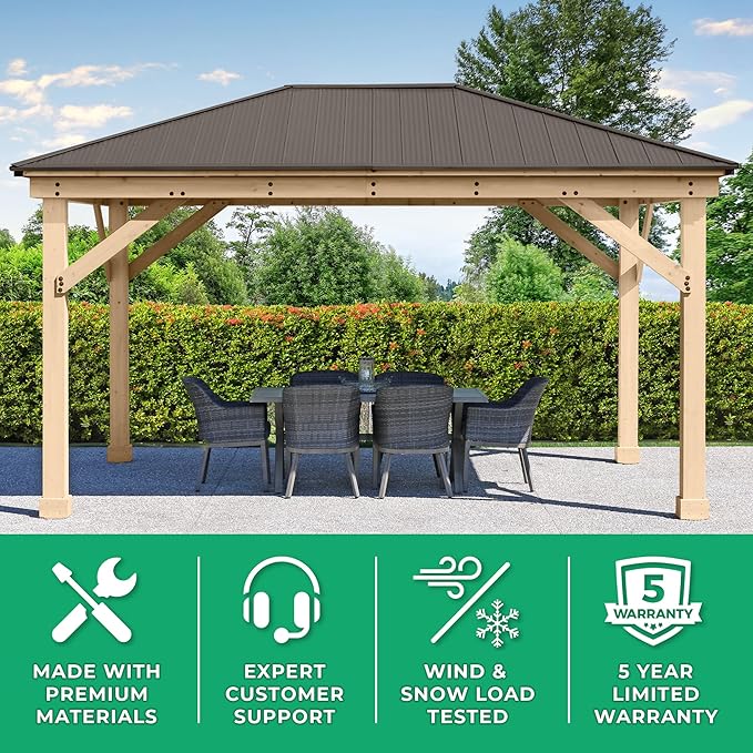 Yardistry 12 x 16 Meridian Cedar Wood Gazebo Pavilion for Patios, Decks, Garden, Backyard, Durable, Aluminum Roof