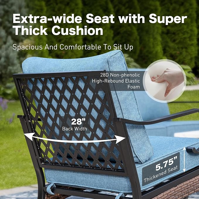 SUNSHINE VALLEY 4 Piece Metal Outdoor Patio Furniture Sets, Patio Conversation Sets with 5.75" Thick Cushion, Patio Loveseat and Rocking Chair wth Coffee Table, Balck Backyard Furniture, Denim Blue