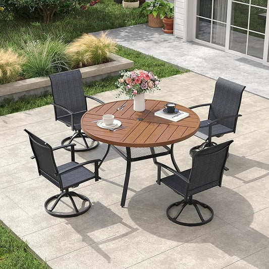 VICLLAX Outdoor Table and Chairs Set for 4, Patio Dining Set of 40.6" Metal Round Patio Table with Umbrella Hole & 4 Swivel Outdoor Dining Chairs for Backyard Lawn, Charcoal & Walnut