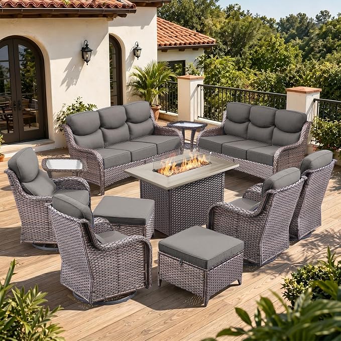 Luxury 6" Thick Cushion 11 Pieces Wicker Patio Furniture Set with 41”Fire Table, Outdoor Conversation Set with Swivel Rocker Chairs Set of 4 and Patio Couch for Deck Porch Yard and Poolside