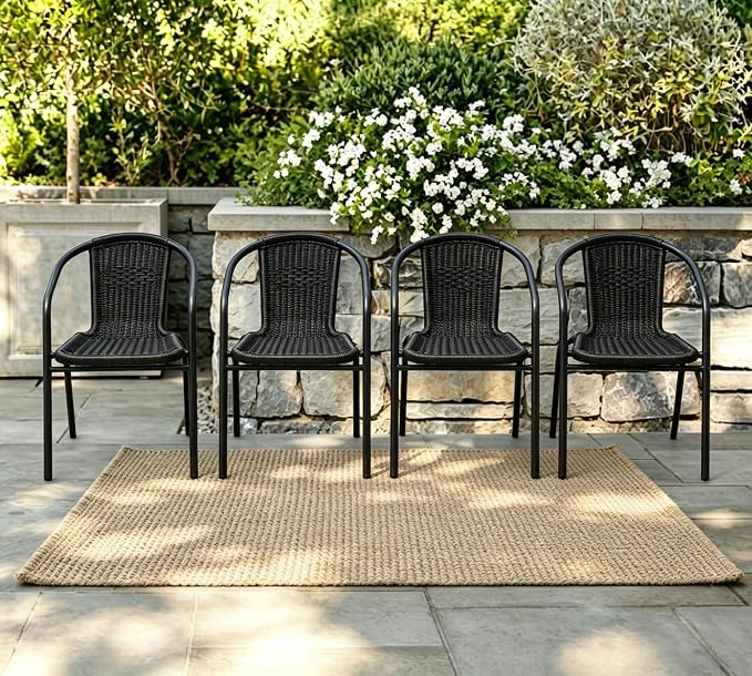 4 Piece Patio Chairs Set, Stackable Outdoor Rattan Chairs, Weatherproof Wicker Patio Seating for Balcony, Porch, Lawn, Small Patio Furniture Set for Backyard, Garden, Poolside, Black