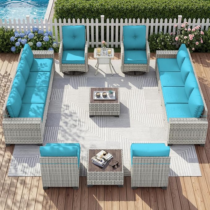 15-Piece Outdoor Patio Furniture Set with Rocking Swivel Chair Wicker Sectional Sofa Set, Patio Conversation Set with Thickened Cushions & Coffee Table for Garden, Backyard, Turquoise