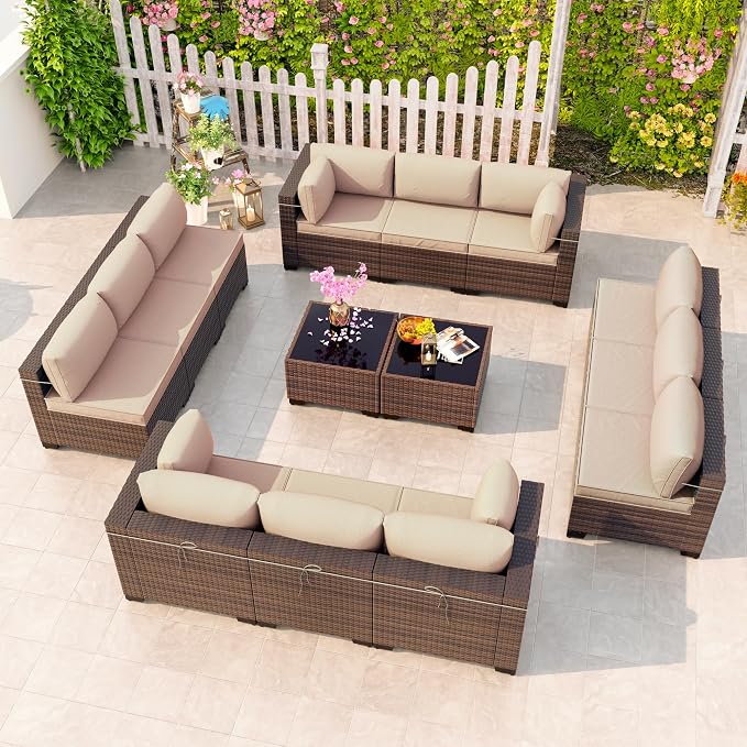 Kullavik 14 Pieces Outdoor Patio Furniture Set,Sectional Rattan Sofa Set Brown PE Rattan Wicker Patio Conversation Set with Tempered Glass Coffee Tables and Washable Cushions Covers,Sand