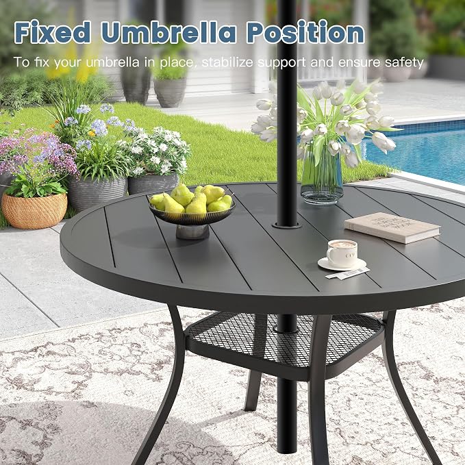 DIFY 7 Piece Outdoor Dining Set, 48" Black Round Metal Patio Table and Brown Textilene Stackable Chairs for 6, All Weather Patio Furniture Set with Umbrella Hole for Backyard Garden Deck