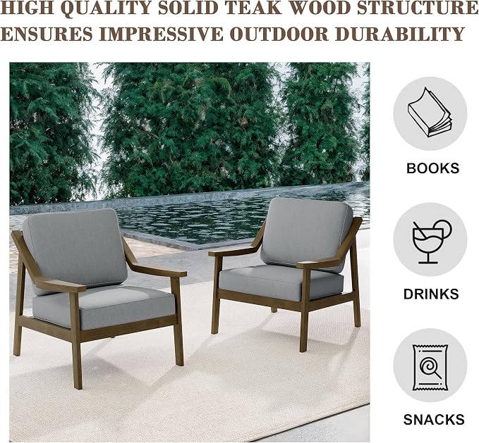 Outdoor Patio Furniture Set, 2 Piece Outdoor Patio Sofa Armchairs with Washable Thick Cushions, All-Weather Solid Wood Patio Bistro Set for Porch, Balcony, Natural Frame & Gray Cushion