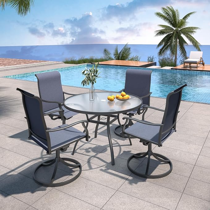 Patio Dining Set 5 with 40" Glass Round Table, Navy Blue Swivel Chairs Sty1 | 4 Piece Swivel Chairs: High Back, Retro Armrest, Textilene Fabric, Rocking; 40 inch Round Table: Glass Top; All Weather