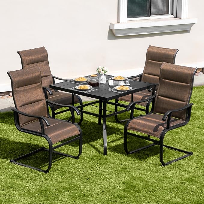 NUU GARDEN 5 Piece Outdoor Dining Set, 4 Padded Textilene Patio Chairs and 37 Inch Square Table with Umbrella Hole, Patio Furniture for Backyard Garden, Brown and Black