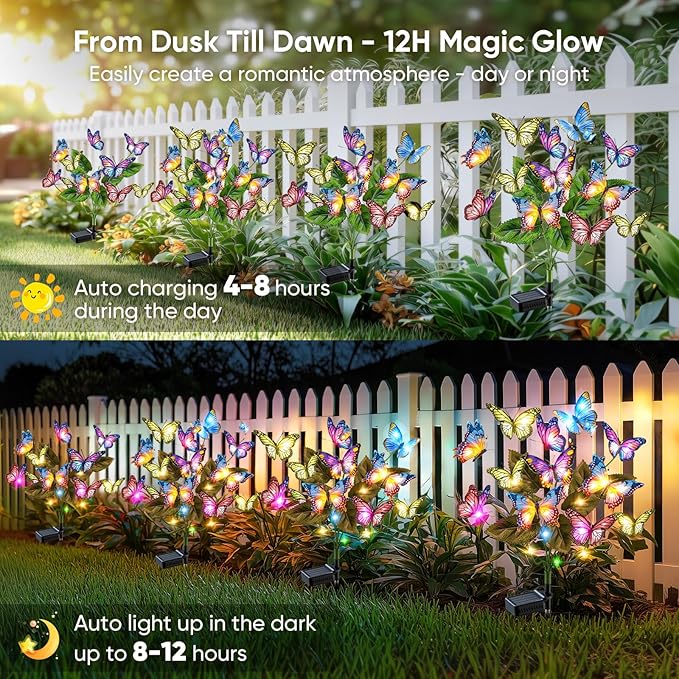 Solar Lights Outdoor Garden Decor: 8 Pack 136 Silk Butterflies with 176 Color-Changing LEDs - Auto On/Off 12H Magical Lighting IP65 Waterproof for Yard Patio Pathway - Unique Gifts for Mom Grandma