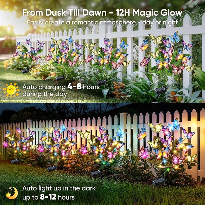 Solar Lights Outdoor Garden Decor: 6 Pack 102 Silk Butterflies with 132 Color-Changing LEDs - Auto On/Off 12H Magical Lighting IP65 Waterproof for Yard Patio Pathway - Unique Gifts for Mom Grandma