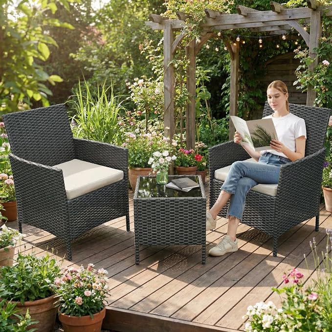 GarveeLife 3 Pieces Patio Furniture Set, Outdoor Furniture Sets with Cushions and Tempered Glass Table for Porch & Garden, Black Wicker/Beige Cushions