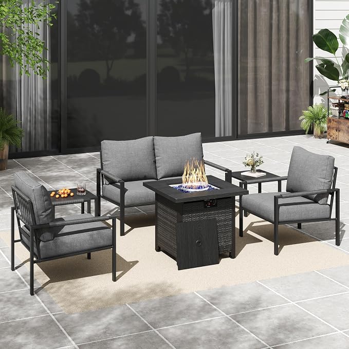 6 Pieces Rattan Outdoor Furniture Set, All-Weather Patio Conversation Set with Dark Grey Cushions, Coffee Tables and 28" Fire Pit Table