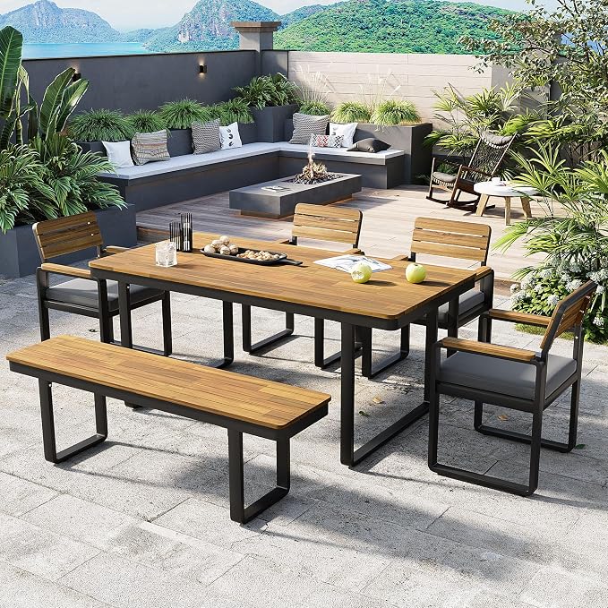 RuiSiSi 6-Piece Outdoor Dining Table Set, Acacia Wood Patio Dining Table Set with 1 Table, 4 Chairs, 1 Bench, Comfortable Cushions and Adjustable Feet for Patio, Garden, Backyard, Grey Cushion