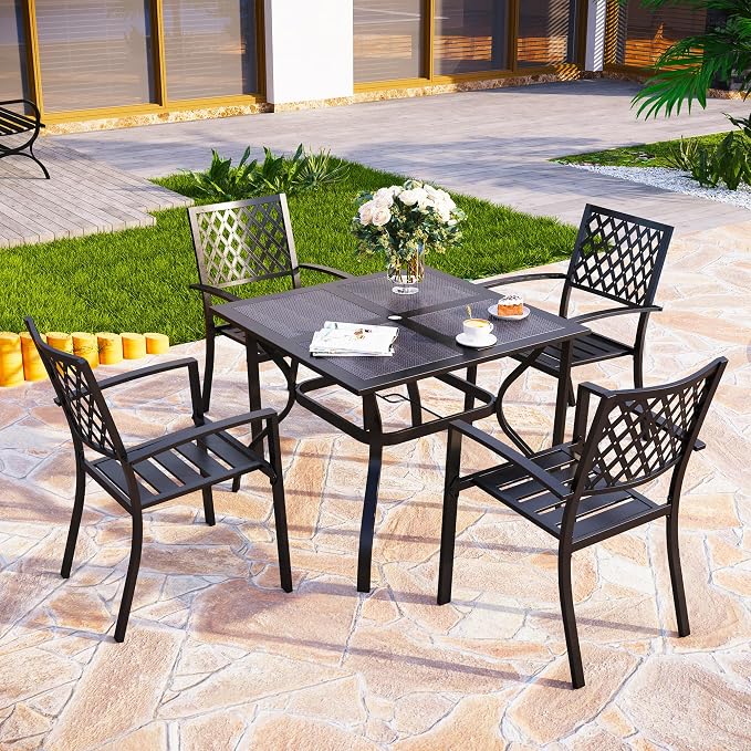 PHI VILLA Patio Dining Set for 4, Stackable Chairs&Square Steel Table | 37" Black Square Wrought Iron Table&Stackable Metal Steel Chairs,Outside Furniture Set for Patio,Deck,Backyard,Porch