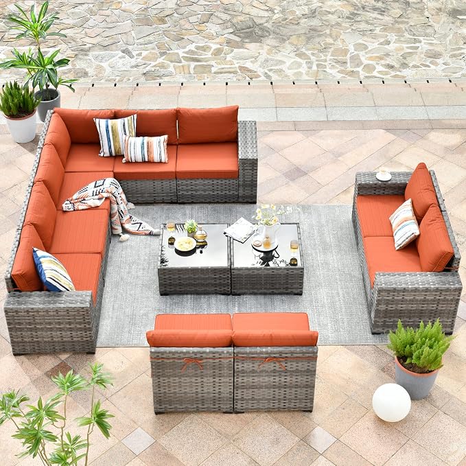 HOOOWOOO Outdoor Patio Sectional Furniture Sofa Set with Widened Armrest,12 Piece Large Modern Wicker Couch,Modular L Shaped Conversation Seating Set with Table for Out Door Garden Corner(Orange Red)