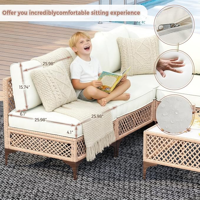 5-Piece Generous Patio Furniture Set, Wicker Outdoor Sectional Set with Large Tempered Glass Coffee Table, Boho Patio Conversation Couch Set with Thickened and Enlarged Cushion and Throw Cushion