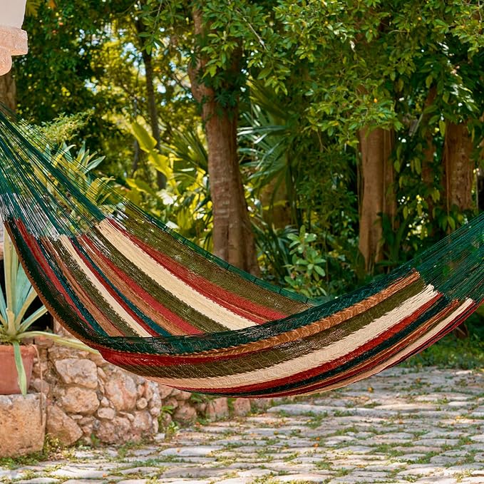 NOVICA Artisan Handmade Hammock Striped Rope Double Earthtone Green Nylon Mexico Mayan Hacienda [Bed Size 78in L x 78in W Total Length 158in L] ' Mother Earth' Double