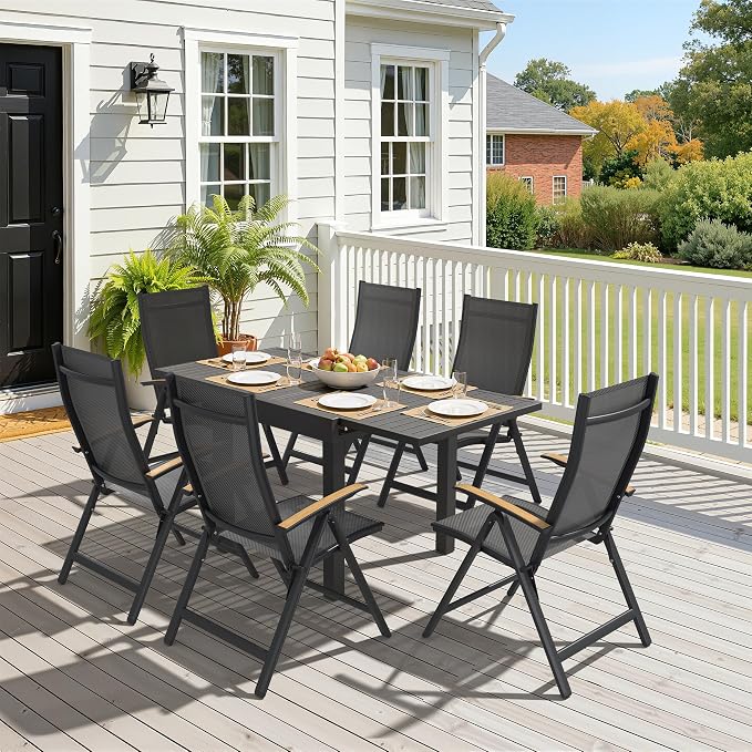 Pellebant 7 Pieces Aluminum Outdoor Dining Set for 6, Expandable Outdoor Dining Table and 6 Foldable Adjustable Backrest Chairs, Weather Resistant Outdoor Furniture Set for Deck, Porch & Backyard