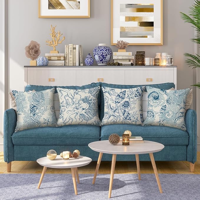 Outdoor Waterproof Throw Pillow Covers 18x18 inch Set of 4 Seahorse Seashell Coastal Toile Pillow Cases Blue Sea Coral Decorative Cushion Covers for Sofa Couch