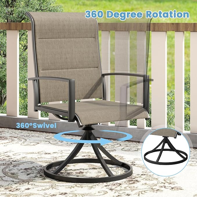 DIFY 5 Piece Outdoor Patio Dining Set for 4, 37.8" Walnut Square Metal Dining Table and Swivel Patio Chairs with Brown Padded Textilene, All-Weather Outdoor Furniture Set for Garden Backyard Porch