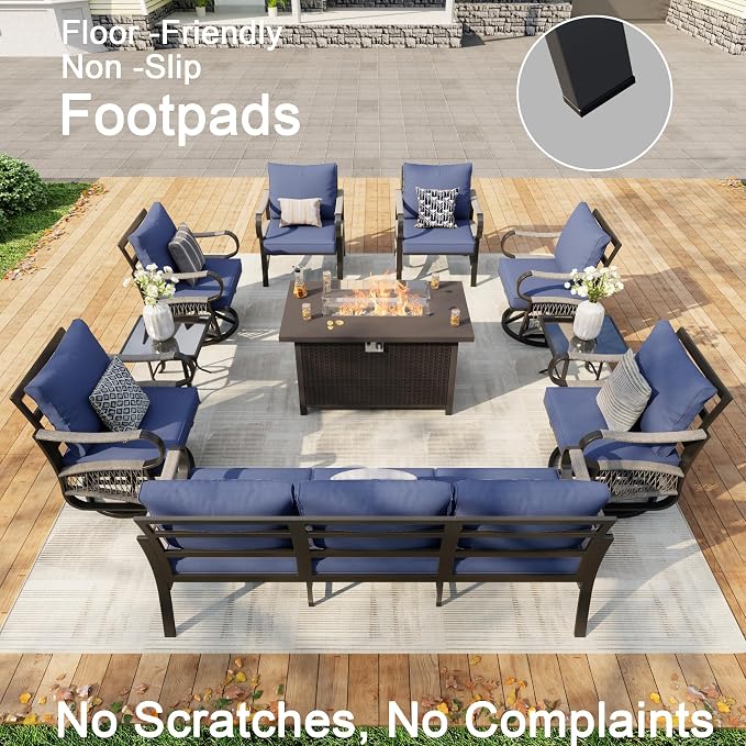10 Pieces Patio Furniture Set, Metal Outdoor Conversation Sets with Fire Pit Table and Swivel Chairs for Backyard Garden Deck Porch Poolside (Thick Blue Cushions)
