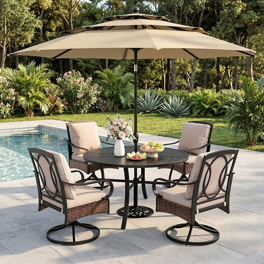 PHI VILLA 6-Piece Outdoor Dining Sets, All-Weather Patio Table and Chairs Set with Umbrella for 4, Heavy Duty Patio Round Table Set for Deck, 4 Extra Large Outdoor Swivel Chairs with Thick Cushions