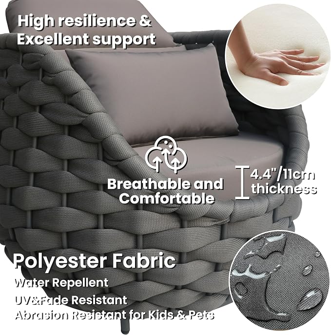Front Porch Furniture 5 Piece Set: Aluminum Woven Rope Patio Conversation Sofa Set - Assembled Accent Chair Cushioned - Outdoor Armchair Couch Set for 400 lbs Deck Backyard Poolside Garden Hotel