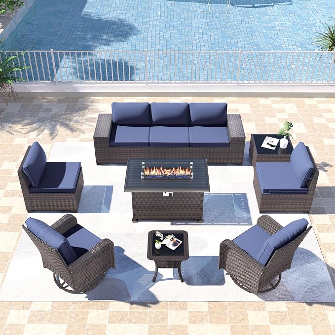 Kullavik 10PCS Outdoor Patio Furniture Set,PE Wicker Rattan Sectional Sofa Patio Conversation Sets with 43" 55000BTU Gas Propane Fire Pit Table,Swivel Rocking Chairs Set,Navy Blue