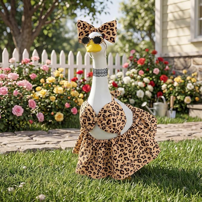Leopard Bikini Porch Goose Outfit Set for 23 Inch Goose Statue, Swimsuit with Bow Eyelashes Lace Sunglasses Strap, Wild Style Summer Goose Clothes Decor (Leopard)