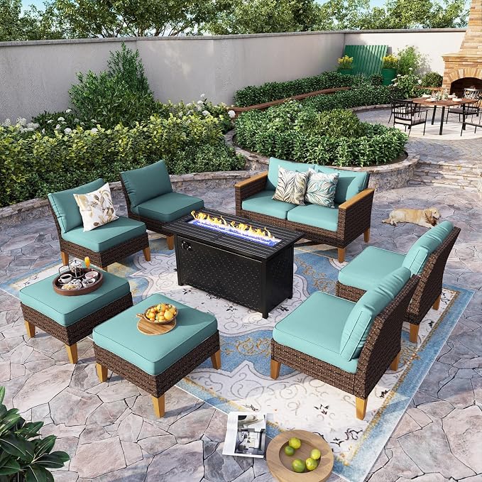 Sophia & William Patio Furniture Set with Fire Pit Table, 9 Piece Outdoor Wicker Furniture Sectional Sofa, Large Patio Rattan Conversation Set with Ottoman & 45" Fire Pit Table(Aqua Blue)