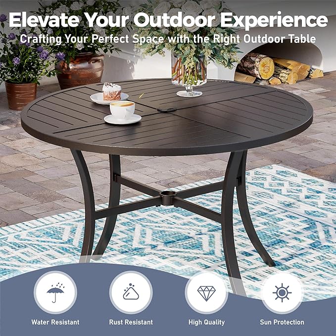 SUNSHINE VALLEY 5 Piece Patio Dining Set for 4, 42" x 42" Round Metal Table with Umbrella Hole and 4 Brown Chairs, Outdoor Table and Chairs Set for Lawn Backyard and Deck