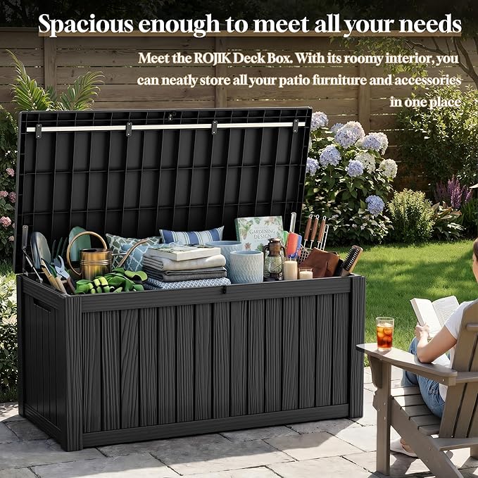 ROJIK 150 Gallon Outdoor Storage Box Waterproof,Weatherproof Deck Boxes Outdoor Lockable,Resin Outside Storage Box for Garden Tools,Cushions,Pool Accessories(Black,150 Gal)
