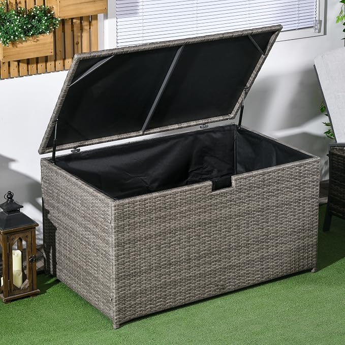 113 Gallon Deck Box, Rattan Outdoor Storage Box, Waterproof Storage Container for Indoor, Patio Furniture Cushions, Pool Toys, Tools, Gray