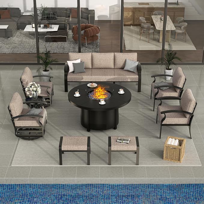 ALAULM Aluminum Patio Furniture Set with Coffee Table Rectangular, 5-seat Outdoor Sectional Furniture w/2 Swivel Chairs, Patio Conversation Set for Porch, Backyard, Sand