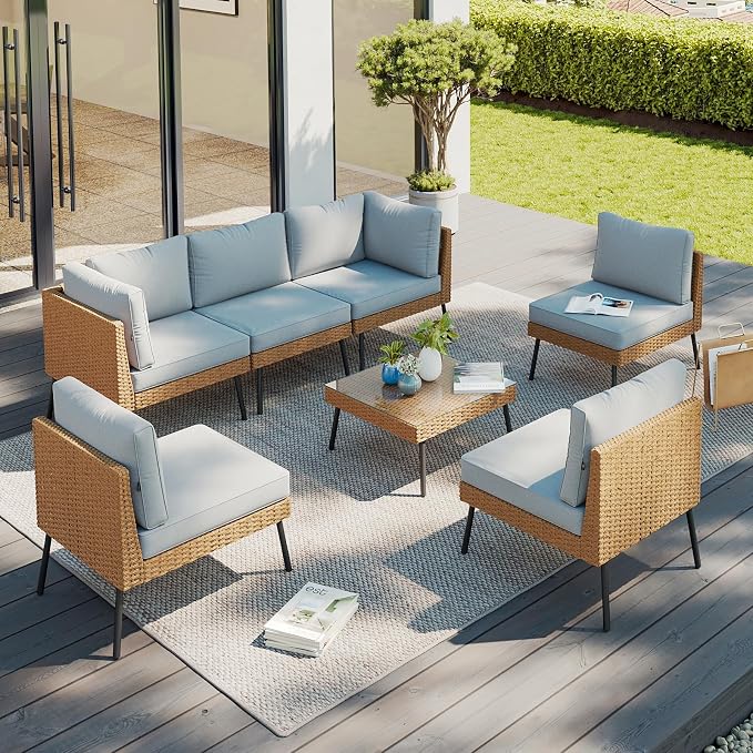 Aoxun Patio Furniture Set, 7 Piece Outdoor Sectional Sofas with Thick Cushion, Wicker Outdoor Patio Furniture Set with Coffee Table for Party, Garden, Backyard, Grey