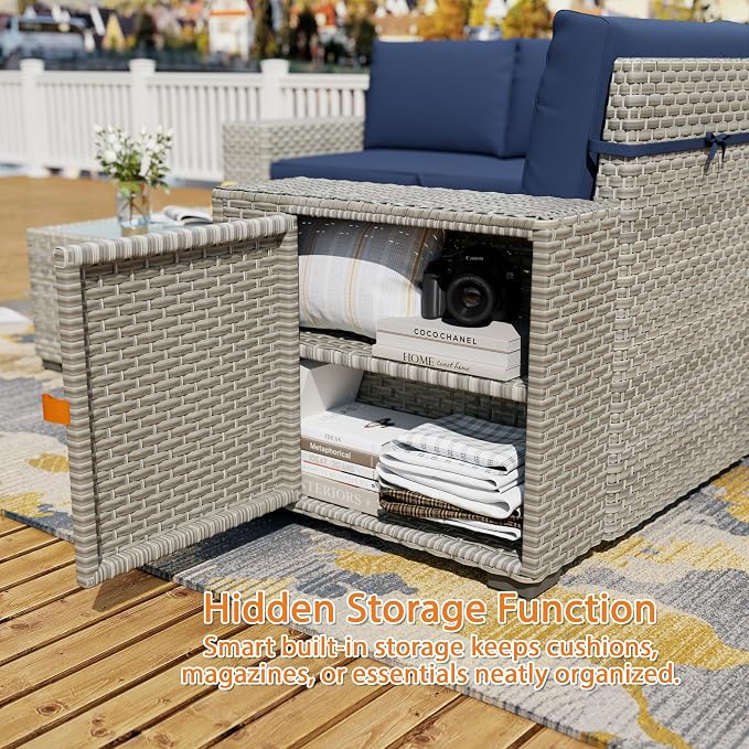 7 Piece Patio Furniture Set, 8" Wide Arm Sectional Sofa Set with 50000 BTU Propane Fire Pit Table & Coffee Table, Rattan Outdoor Conversation Set for Garden, Porch, Lawn, Blue