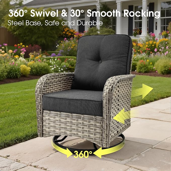 Wicker Patio Furniture Set with Fire Pit Table,9 Pieces Outdoor Sectional with Swivel Chairs Ottoman,Out Door Furniture Conversation Set,Black