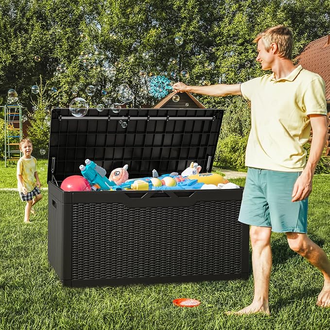 Greesum 100 Gallon Deck Box with Cushion and 31 Gallon Deck Box for Patio Furniture, Garden Tools, Pool Supplies Storage