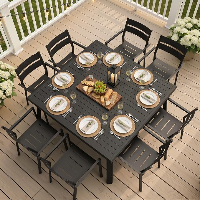 57” Square Outdoor Dining Set for 8 with Stackable Armchairs | 57” Square Aluminum Patio Table with Umbrella Hole Rust-Proof Patio Furniture for Lawn Backyard Garden, Black
