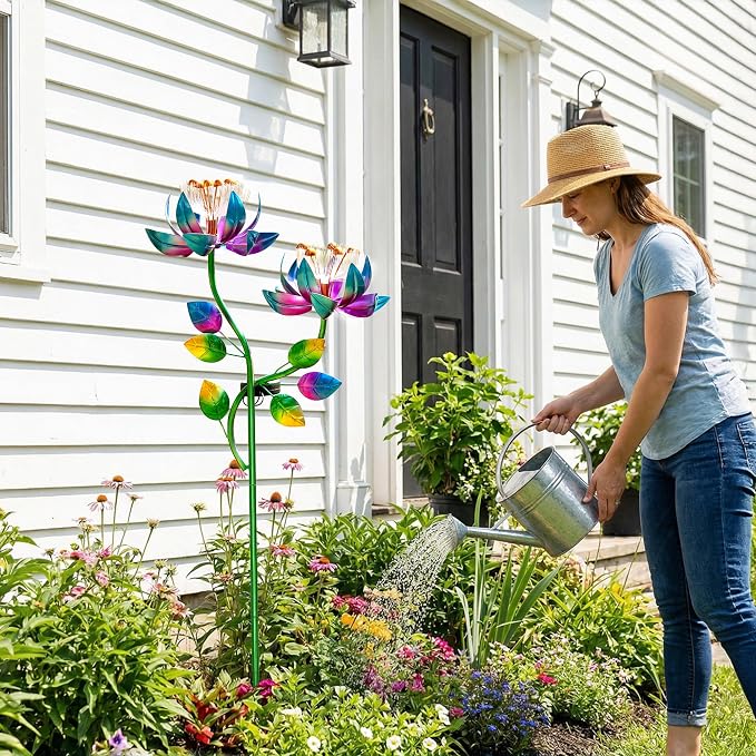 Solar Wind Spinner Outdoor Metal Garden Decor – 2-in-1 Kinetic Double Lotus Flower Stake with Glowing Fiber Optic Lights, Multi-Color Spinning Yard Art Sculpture for Patio, Lawn, and Pathway