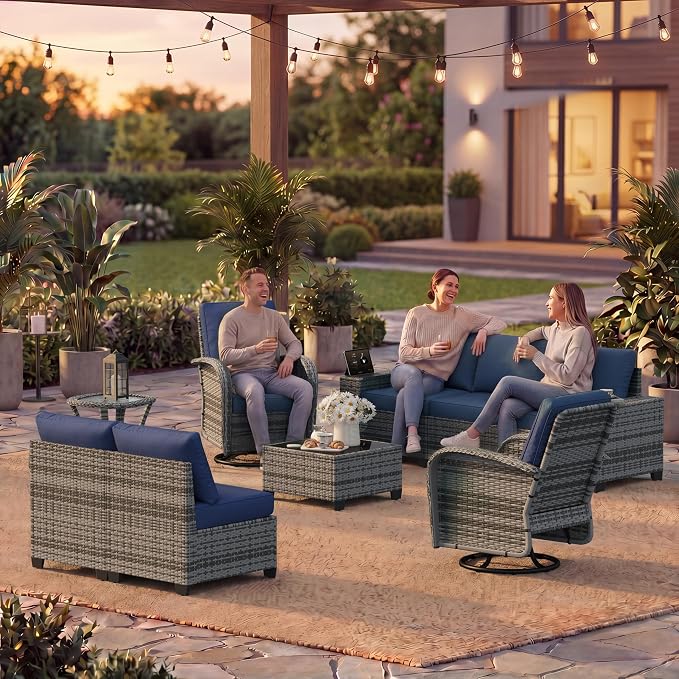 LazySunsets 9 PCS Patio Furniture Set, Outdoor Sectional All-Weather Wicker Conversation Set with Swivel Rocker Chairs, 4'' Thick Cushions for Backyard Poolside(Navy/Grey)