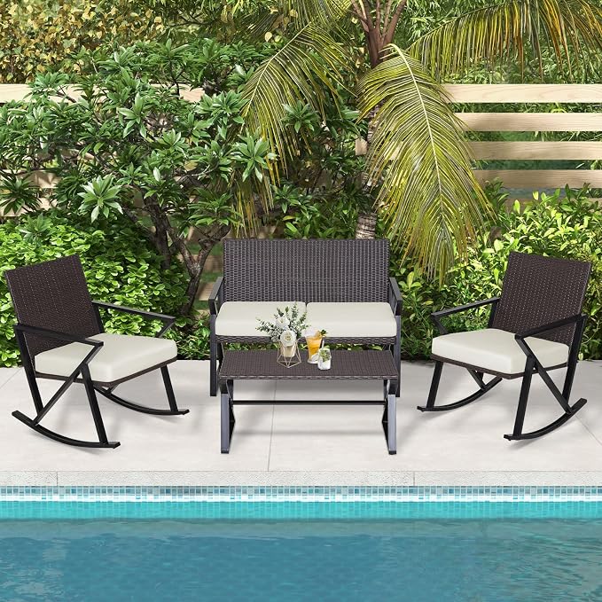 Tangkula 4 Piece Patio Rocking Furniture Set, Patiojoy Heavy Duty PE Wicker Loveseat with 2 Rocking Chairs & 1 Coffee Table, Outdoor Rattan Conversation Set for Porch, Poolside, Balcony