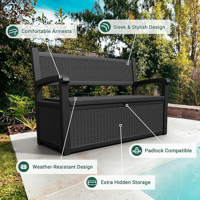 80 Gallon Outdoor Storage Box, Deck Box with Waterproof and UV Resistant, Resin Patio Furniture with Lockable for Garden Tools and Pool Supplies, Black