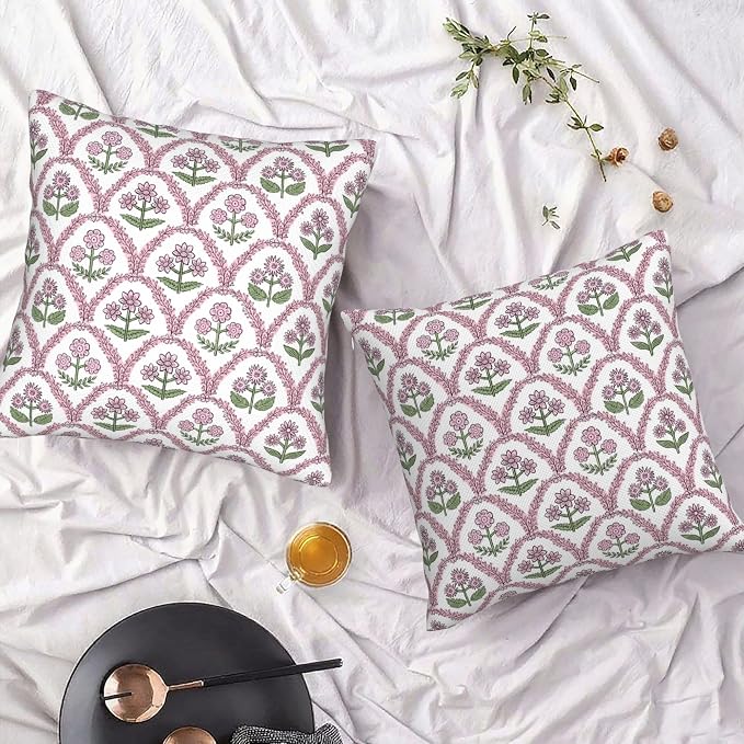 Floral Block Print Pillow Cover 18x18 Inch Set of 2, Boho Farmhouse Waterproof Outdoor Pillows, Spring Decor Throw Pillows for Patio, Summer Garden Decor