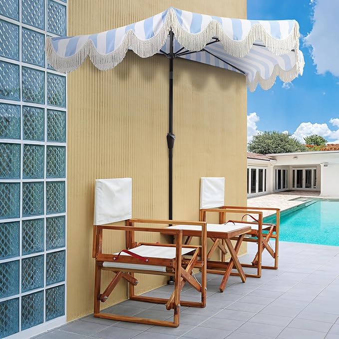 JONATHAN Y Beverly 9 ft. Coastal Light Blue and White Striped Half Patio Umbrella with Scalloped Fringe, Crank Lift, and Manual Tilt for Balcony, Dark Brown Pole UMB1201C